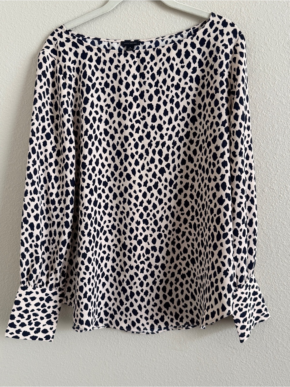 Ann Taylor Cream and Navy Leopard-Print Long Sleeve Blouse